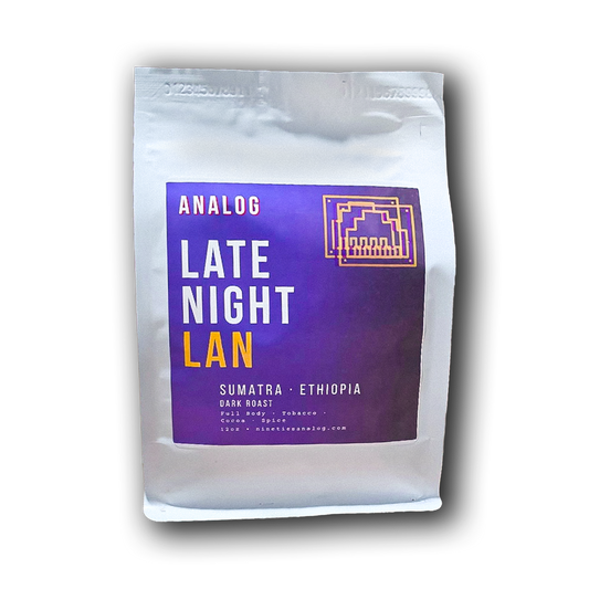 A  bag of Analog Late Night Lan coffee, featuring a prominent purple label with white and yellow text, set against a plain white background with a soft drop shadow.